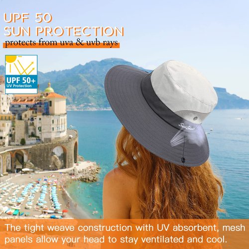 Sun Hats for Women Beach Hat Ponytail Hat Womens Sun Hat with UV Protection Wide Brim Light Grey