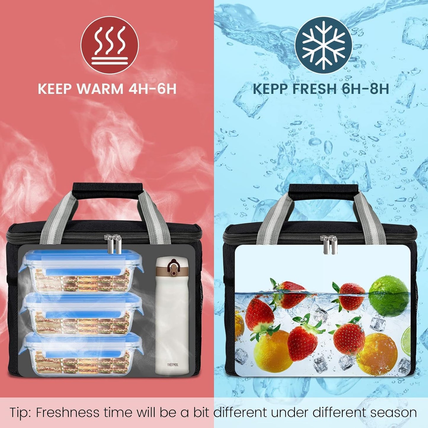 Insulated Cooler Bag for 24Can (15L), Reusable Thermal Bag, Leakproof Freezable Cooler Bag Organizer with Adjustable Shoulder Strap for Women Men Office Work Picnic Hiking Beach, Black