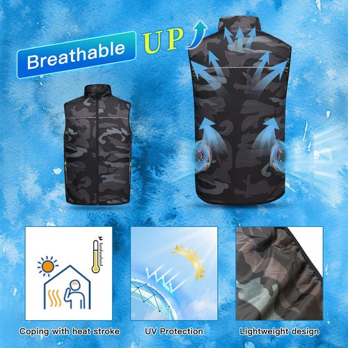 THOUSTA 12V Cooling Vest with 24000mAh Battery Pack,Camouflage Air Conditioner Clothes, 360° Air Supply Cooling Jacket, UV Protection Cooling Clothes with Pocket for Working Outdoor-XXLarge, Grey
