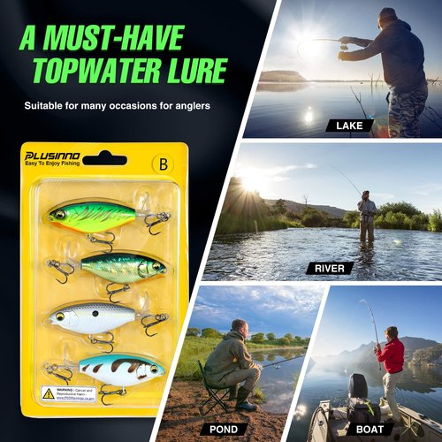 PLUSINNO 4PCS Top Water Fishing Lures for Bass Trout Pike Perch, Plopper Lures with Propeller Tail, Whopper Floating Lure for Freshwater Saltwater