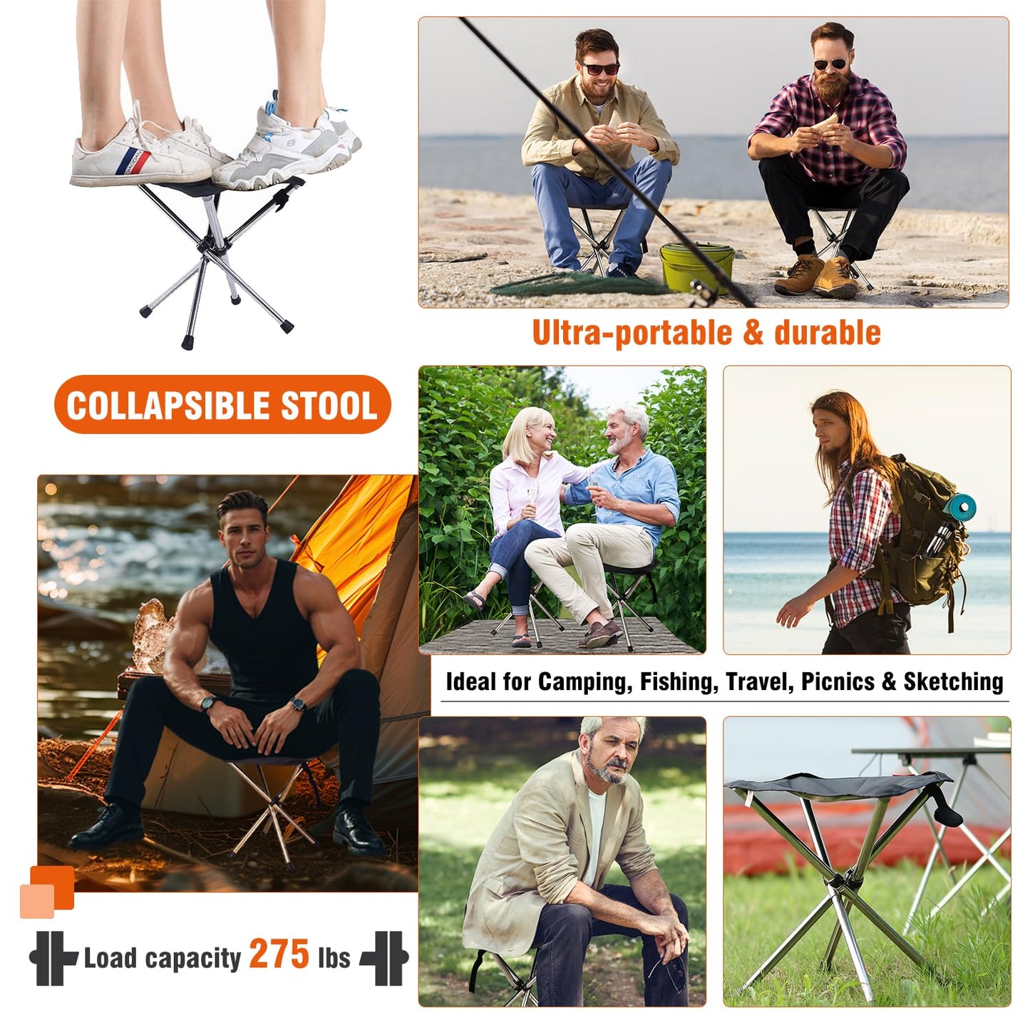 JVZI® Heavy Duty Folding Camping Stool - 275lbs Capacity, 1.34lbs Ultra-Light & Waterproof | 1-Pull Quick Setup for Family Camping, Hiking, Fishing, BBQ & Waiting in Line (1)