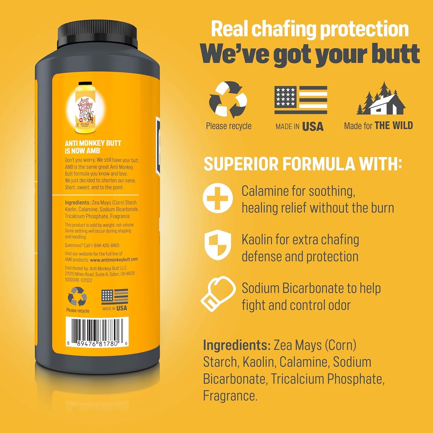 Anti Monkey Butt Body Powder for Women & Men - Talc-Free, Hypoallergenic Formula for Anti-Chafing & Anti-Itch Relief - Absorbs Sweat & Fights Friction with Calamine - 8 oz - 2-Pack