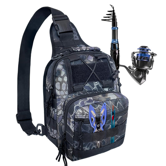Fishing Backpack Outdoor Tackle Backpacks Small Sling Backpack with Rod Gear Holders for Fish Hunting and Traveling (A: Camouflage Black)