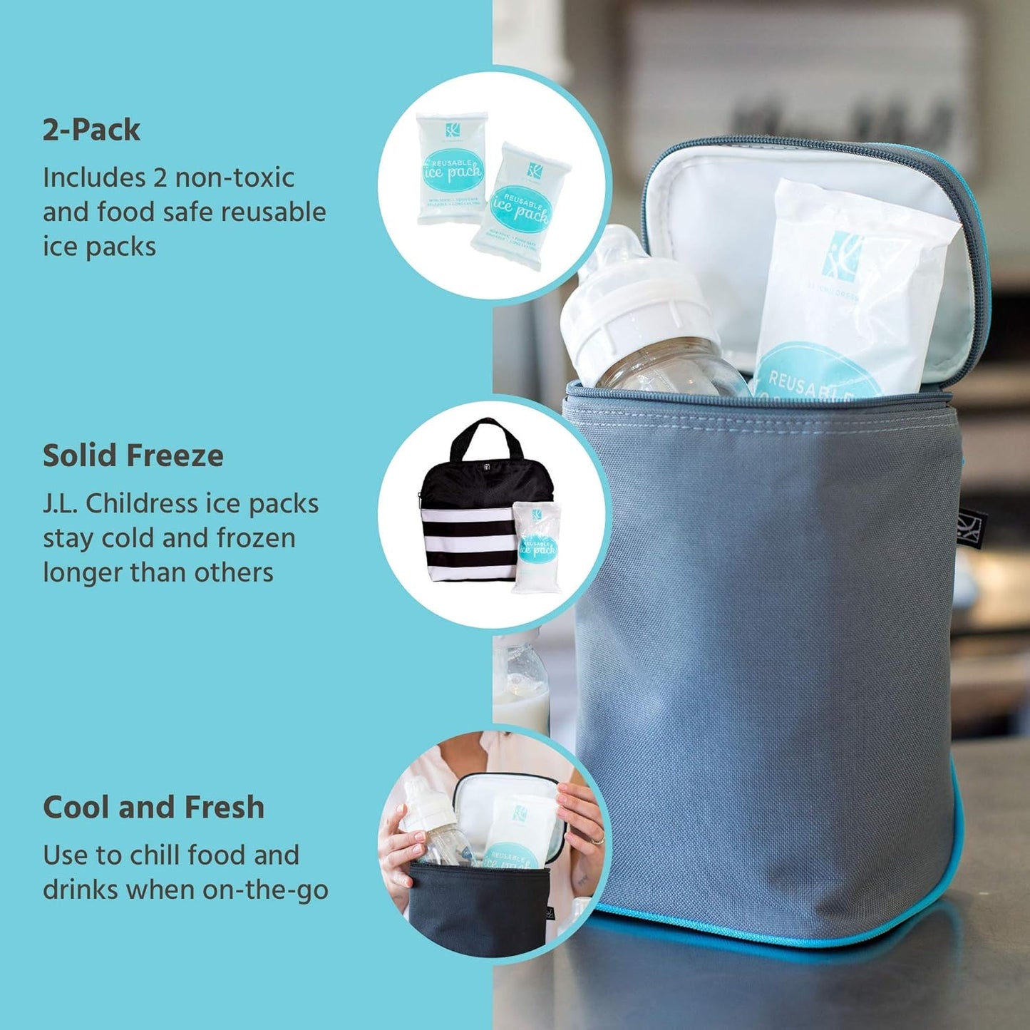 J.L. Childress Reusable Ice Packs - Breast Milk Ice Packs for Cooler & Lunch Boxes, Freezer Blocks for Baby Bottle Storage Bags, Food Safe, Keeps Drinks Cold, Refreezable - 2-Pack