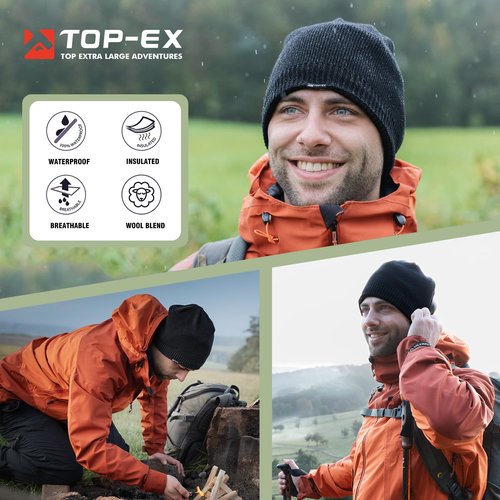 XL Men's Women's Oversize Winter Black Reflective Strips Wool Beanie Waterproof Fleece Lined Knit Cap Hat All-Weather Warm Rain X-Large Extra Large Big Head