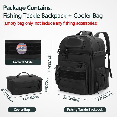 Rexmica Fishing Tackle Backpack with Cooler, Fishing Rod Bag Holds 2 Rods & Reels, Fishing Bag with Compartment for Tackle Boxes, Clothes or Other Gear, Fishing Pole Backpack, Black