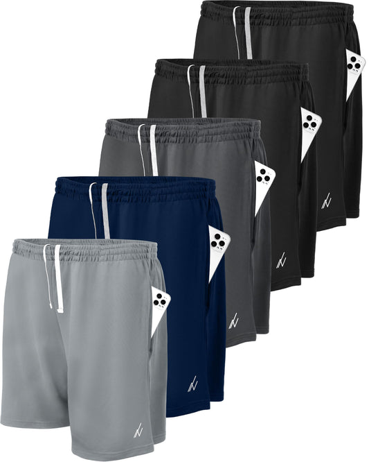 NY Threads 5 Pack Men's Athletic Shorts Quick Dry Loose-Fit Lightweight Running Workout Gym Shorts with Pockets, Medium, Black/Black/Navy/Dark Grey/Medium Grey