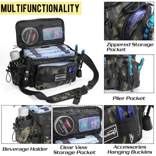 Sougayilang Fishing Tackle Bags with 3600 Tackle Tray - Fishing Tackle Storage Bags for Saltwater or Freshwater Fishing Gear - Padded Shoulder Strap - Tackle Box Bag Fishing Bag(Green)