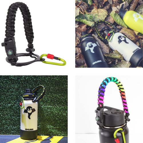 SPEQT Paracord Handle - Fits Wide Mouth Water Bottles Durable Carrier Strap Cord with Safety Ring,Compass and Carabiner Plus a Protective Silicone Boot (Rainbow)