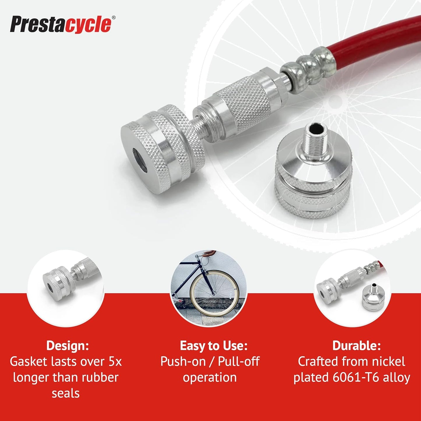 Prestacycle Quick-Click Presta Valve Head - Urethane Gasket for Tubeless & Standard Use, Fits Floor Pumps & Prestaflator Pro, Durable 6061-T6 Alloy