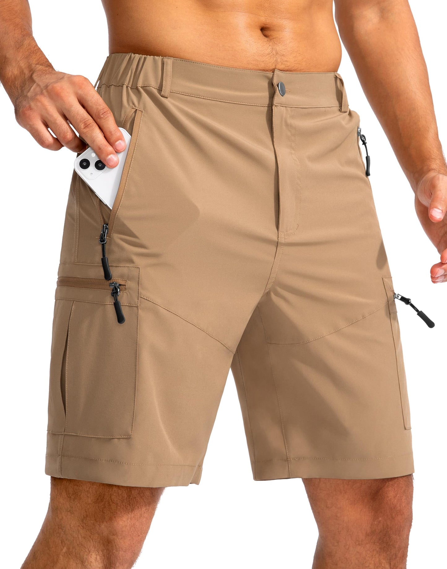 Pudolla Men's Hiking Cargo Shorts 9" Lightweight Outdoor Work Shorts for Men Travel Golf Camping Casual with 5 Zipper Pockets(Dark Khaki X-Large)