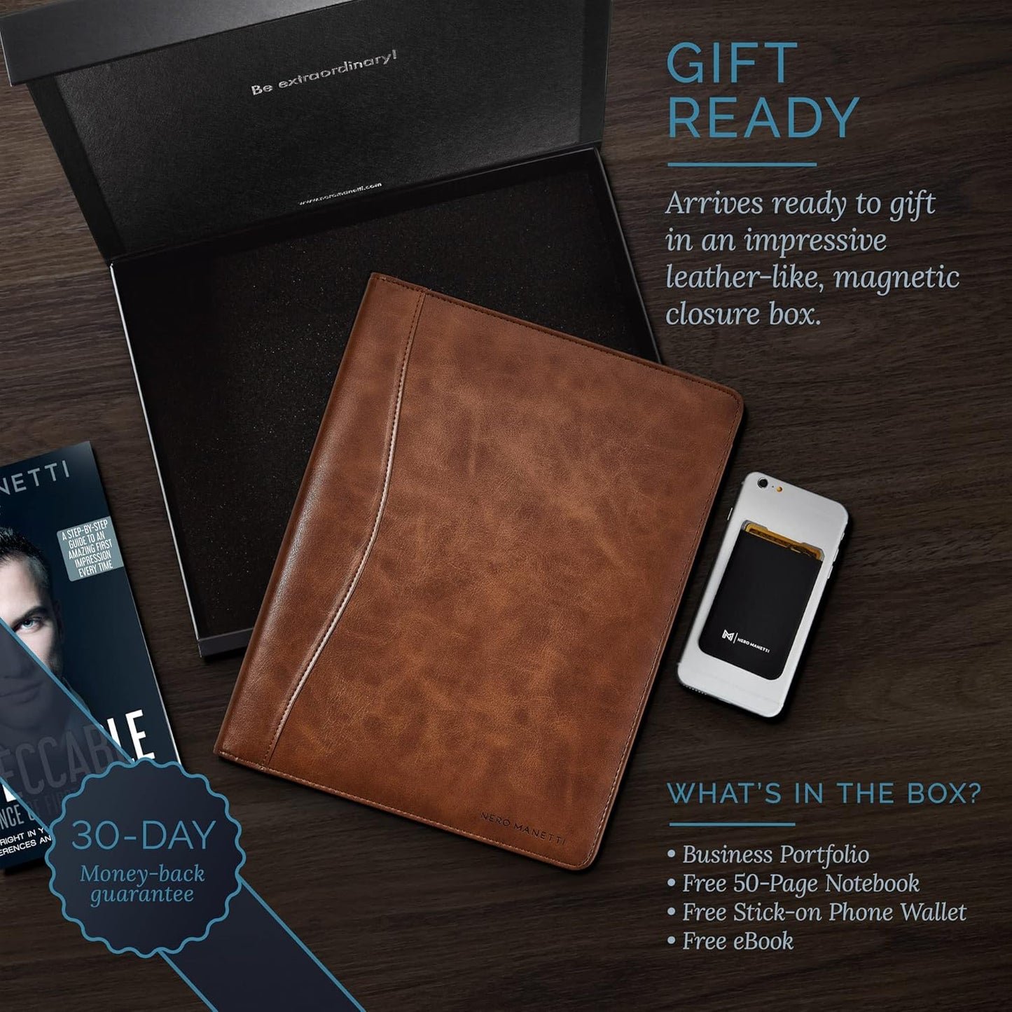 NERO MANETTI- Leather Portfolio Folder - Business PU Leather Portfolio Notepad Holder for Resumes, Legal Pad Portfolio Executive Binder, Professional Padfolio Notebook for Women/Men