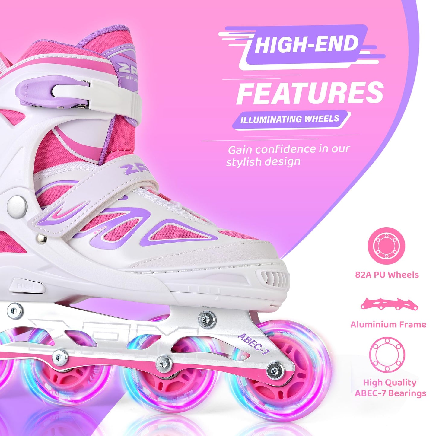 2PM SPORTS Vinal Inline Skates for Girls Boys Kids Ages 5-8 8-12 with Adjustable Illuminating Wheels, Inline Roller Skates for Youth Women Men - White Pink Medium