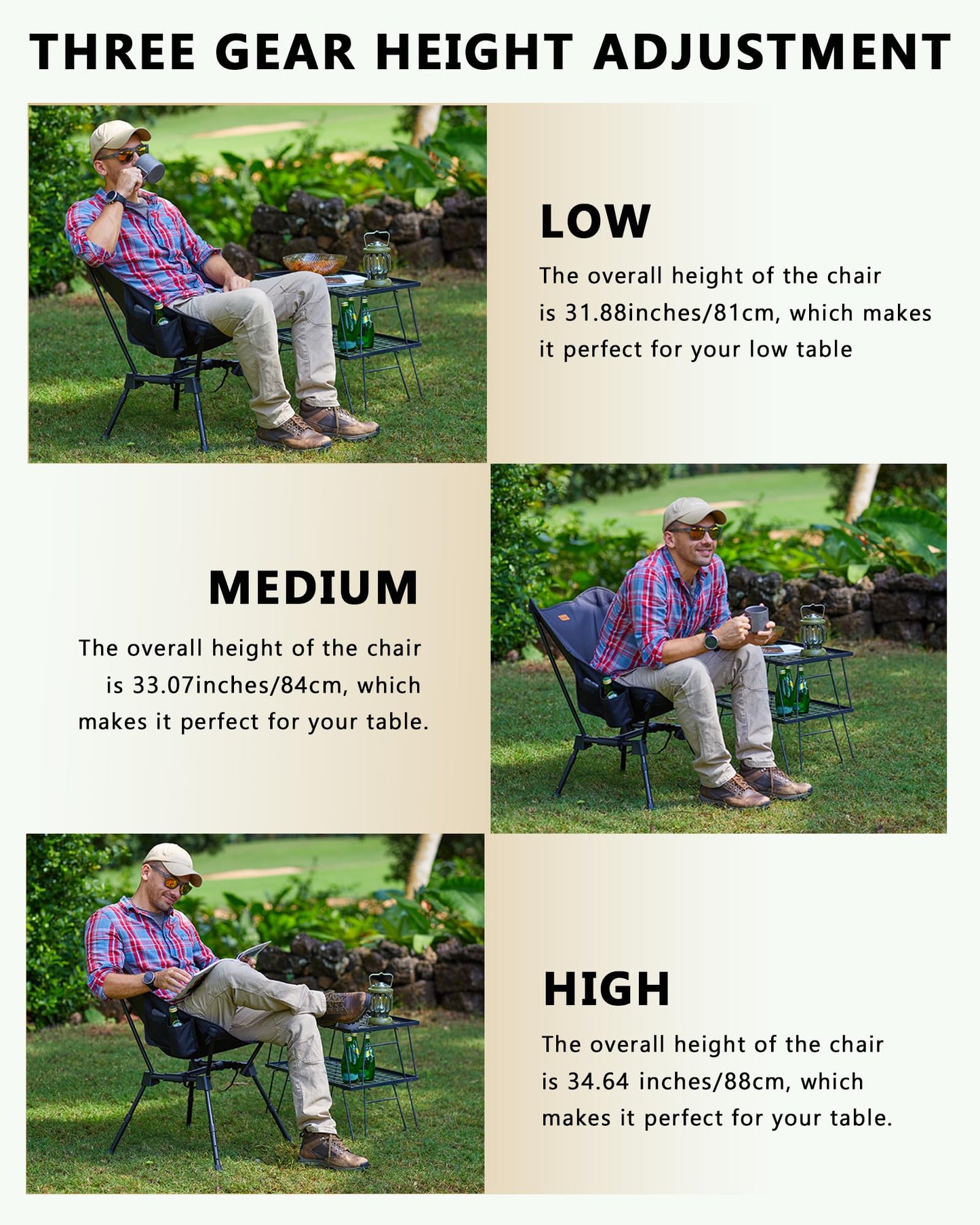 KingCamp Portable Backpacking Chair, 4-Position Adjustable Height Folding Compact Lightweight Camping Chairs with Cup Holders & Carry Bag for Outdoor Camp Hiking Lawn Fishing