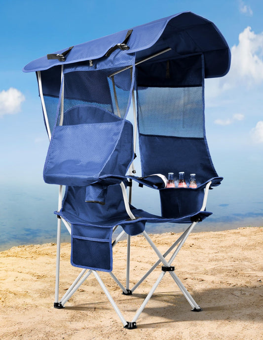 Docusvect Canopy Beach Chair with Cooler, Beach Chair with Canopy Shade, Cup Holder, Side Pocket for Outdoors Sports, Camping, Tailgates, Fishing - Support 330 LBS
