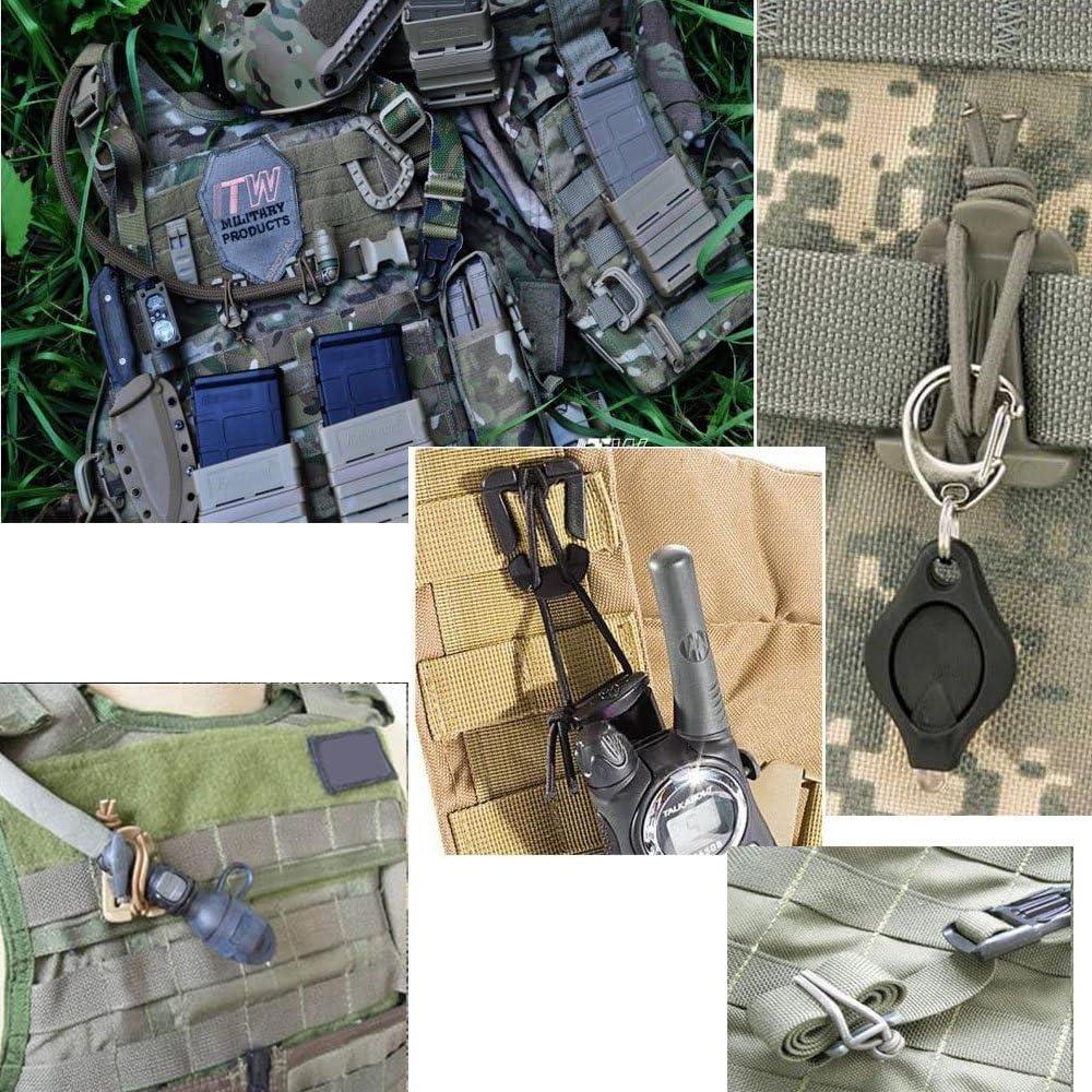 Jadedragon Multipurpose Tactical 360 Rotation D-Ring Clips/Locking Carabiner/Hydration Tube Clips/Elastic String Strap Management Tool for MOLLE Webbing Attachment Backpacks