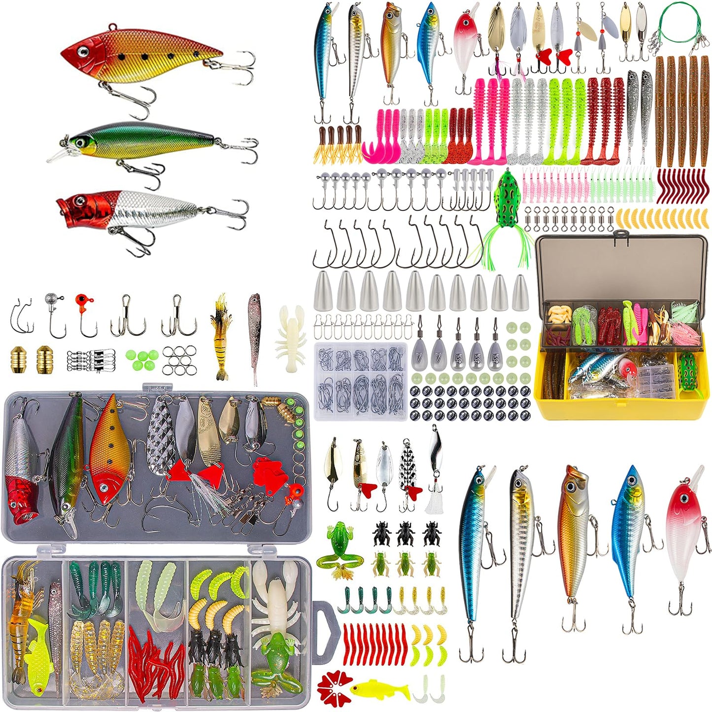 GOANDO Fishing Lures Kit 380Pcs Fishing Accessories Set for Bass Trout Salmon with Topwater Lures Crankbaits Spinnerbaits Spoon Worms Jigs and More Fishing Gear with Tackle Box