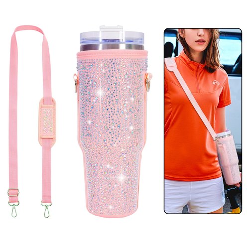 Bling Water Bottle Carrier Bag for Stanley 40oz Tumbler, Bling Rhinestone Water Cup Holder with Adjustable Strap for 40oz Stanley Cup Accessories Gifts (Pink Bling)