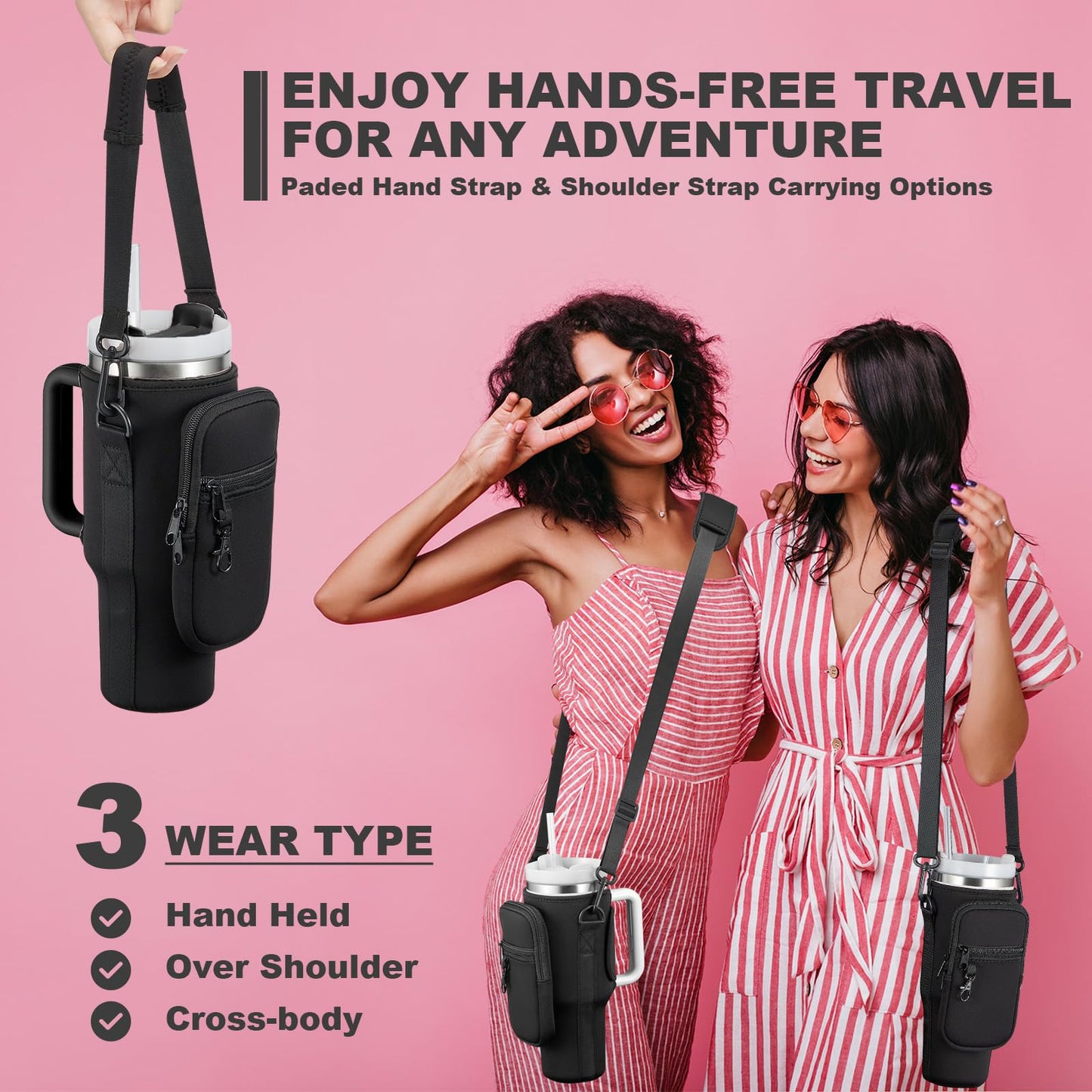 BULKITEM Water Bottle Carrier Bag with Phone Pocket for Black Stanley 40 oz Tumbler with Handle, Black Insulated Neoprene Cup Holder Pouch Strap for Valentines Stanley Cup Accessories