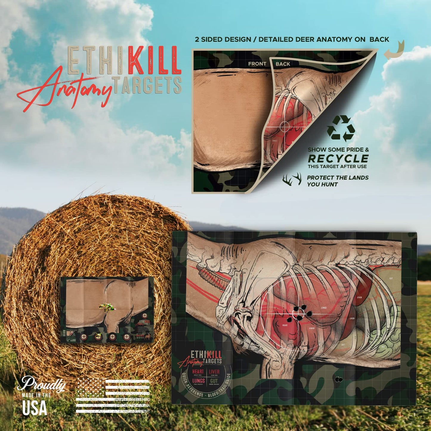 Life Size Deer Vitals 2 Sided Paper Range Target for Archery & Rifle Hunters by EthiKill - Realistic Anatomy Illustration - 19x27 inches (5 Pack)