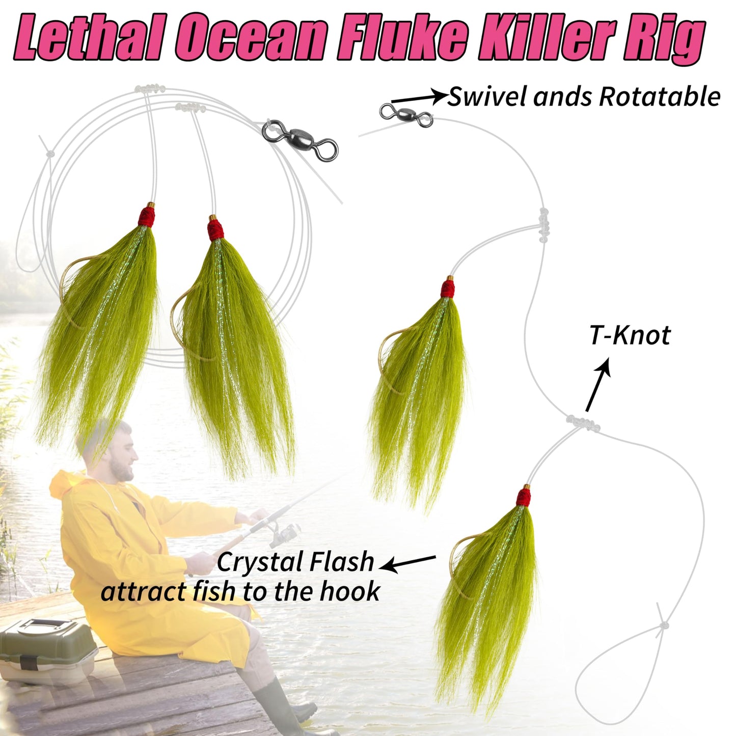 Fishing Bait Rigs Saltwater, 3/6packs Flounder Rigs with Bucktail Teaser Mylar Teaser Mono Leader Swivels Fishing Rig for Flounder Sea Bass Halibut Black Fish