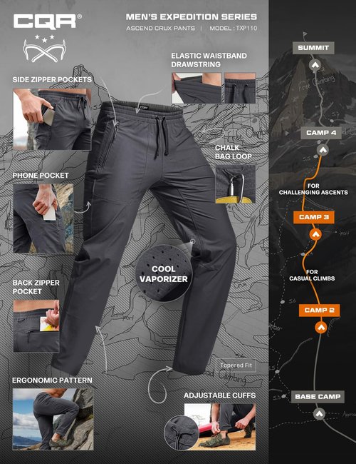 CQR Men's Lightweight Vent Hiking Pants, Water-Resistant & Breathable Sports Outdoor Athletic Pants with Elastic Waist, Ascend Crux Carbon Grey, 32W x 30L
