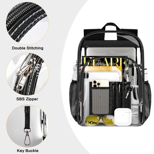PAMANO Clear Backpack, Heavy Duty Transparent Backpack with Reinforced Bottom See Through for College, Travel, Workplace Security, Black