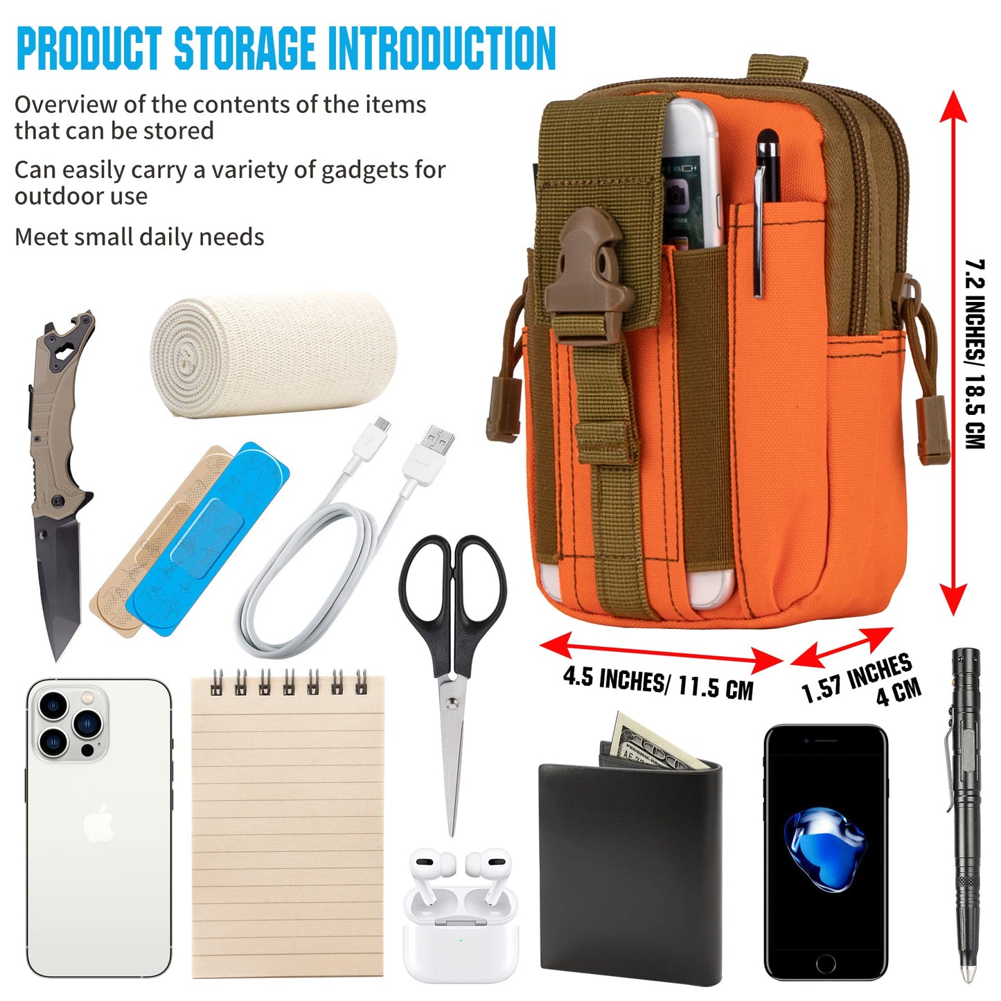 IronSeals 2 Pack Tactical Molle Pouch Compact Utility Waist Bag Phone Holster for iPhone 15 Pro Max/15 Pro/15/14 Plus/14 Pro Max/13 Pro Max/13 Pro/12 Pro/12/11 Pro Max/Xs Max (Orange*2)