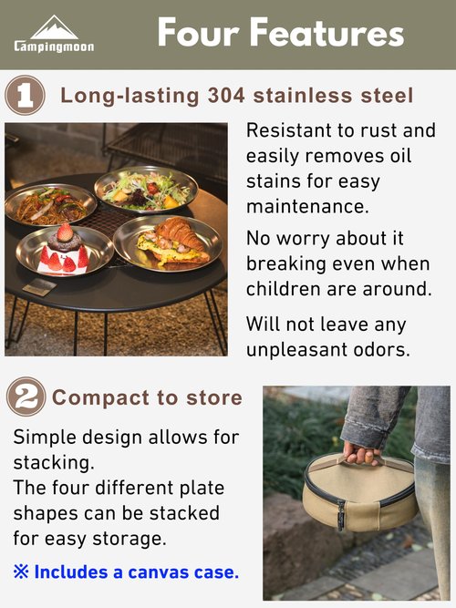 CAMPINGMOON Camping Plates 4pcs set Salad Side Dinner Plate Dishes Outdoor Tableware Stainless Steel with Canvas Case S397-1S