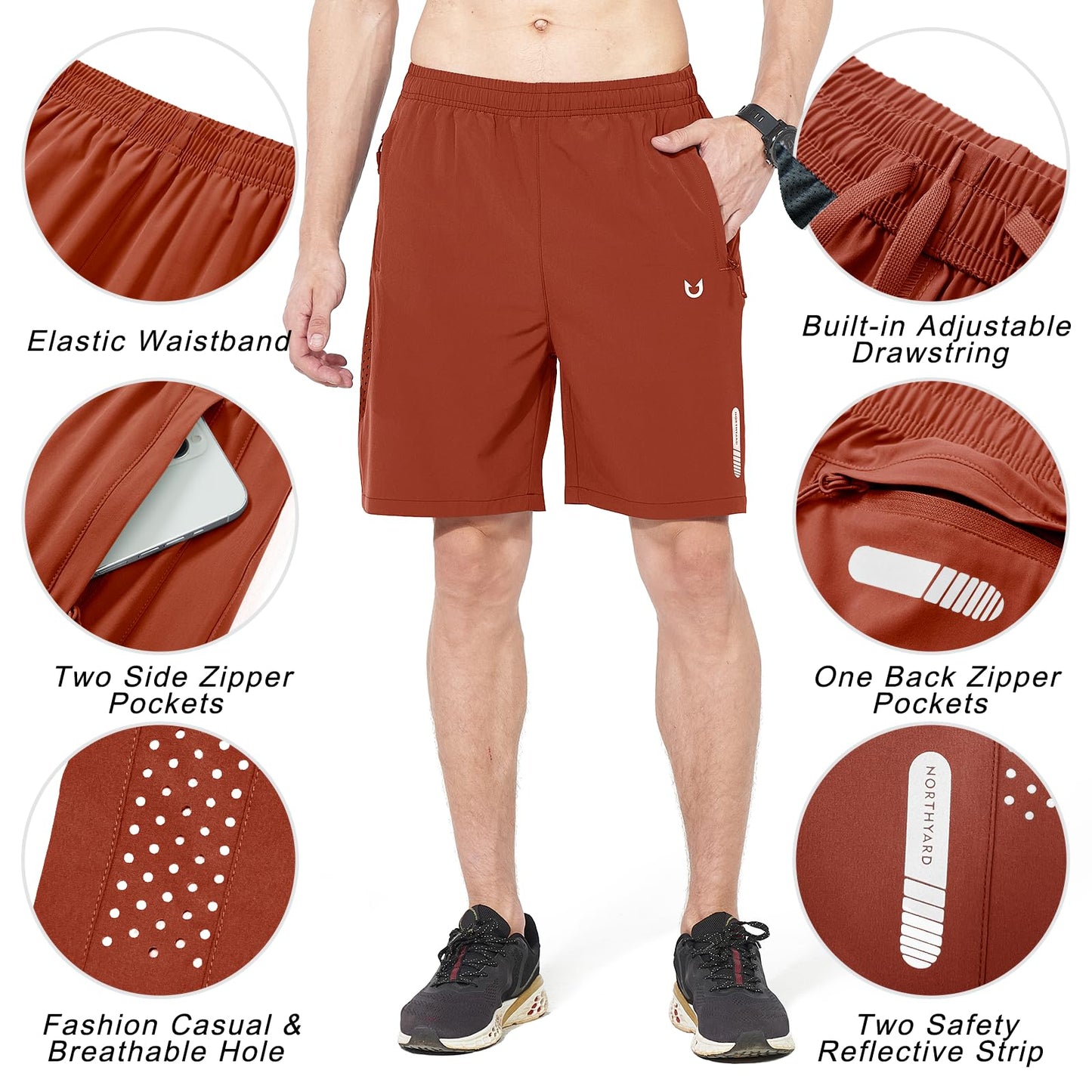 NORTHYARD Men's Athletic Running Shorts Gym Workout 7"/9"/5" Quick Dry Lightweight Sports Basketball Tennis 3 Zipper Pockets REDCLAY 3XL