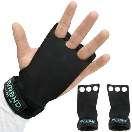 RVRBND LIFESTYLE 3 Hole Rubber Carbon Hand Grips for Crossfit, Gymnastics, Lifting, Pull Up with Velcro Wrist Strap & Foam Pad, Smooth Hand Protection for Blisters, Workout Grip for Men & Women