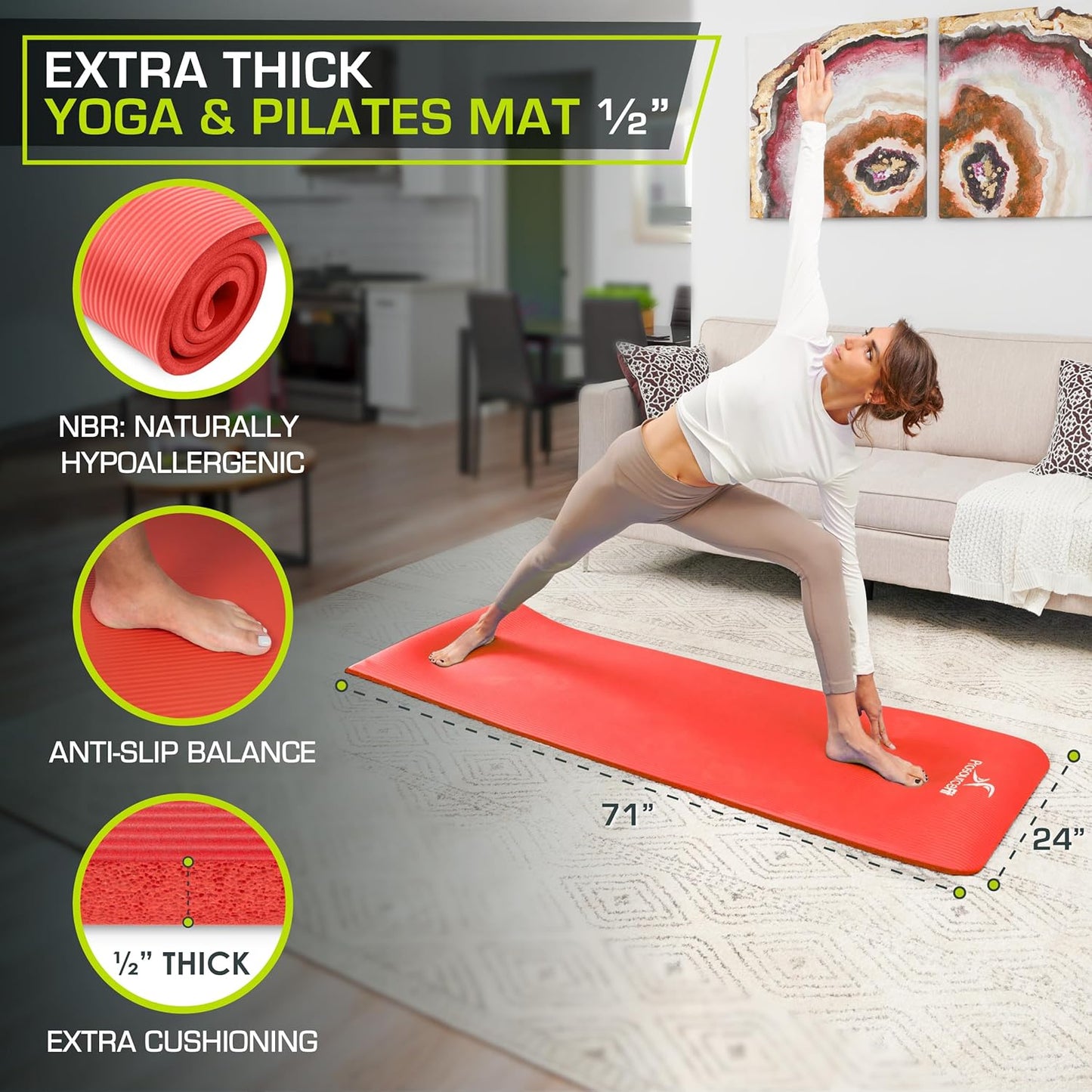 Extra Thick ½” Yoga & Pilates Mat - 71” High Density Foam with Carrying Strap
