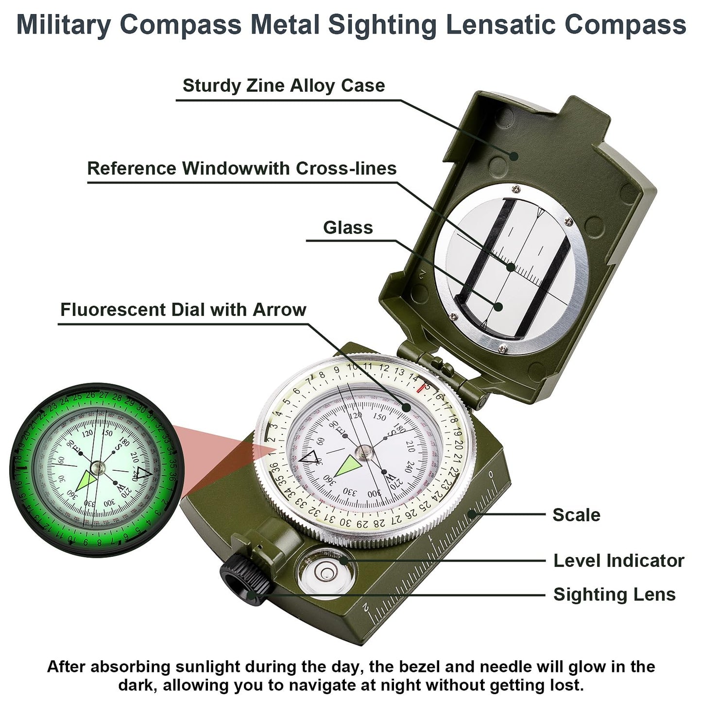 Aosdc Compass Hiking Compass - Navigation, Pocket, Waterproof, Shockproof, Military - Hiking, Climbing, Biking, Exploring, Geology, Outdoor Activities