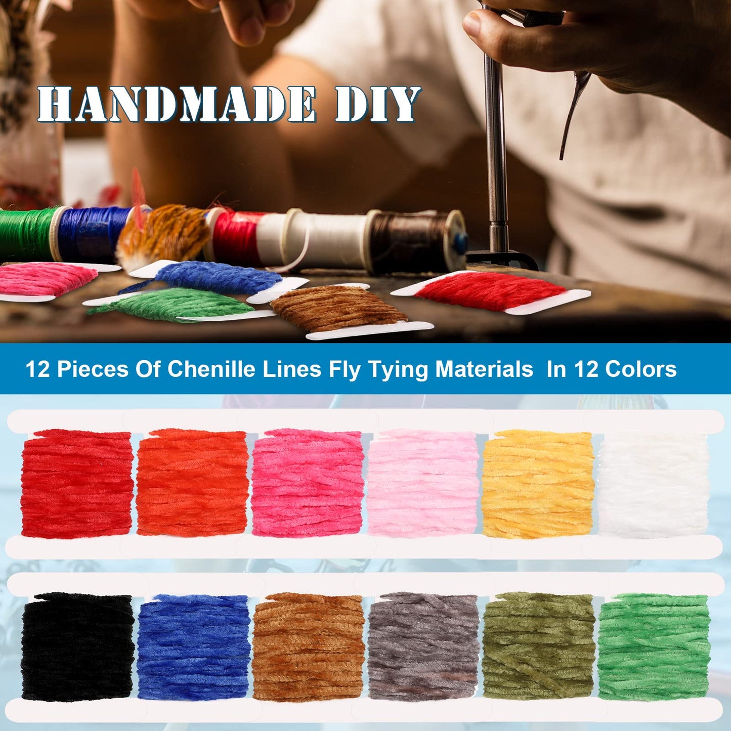 Gejoy 12 Pcs Chenille Fly Tying Materials 65.64 Yards Craft Tieing Fly Tying Chenille DIY Dry Fly Tying Thread for Nymph Woolly Bugger Flex Hackle Body Material, 12 Colors