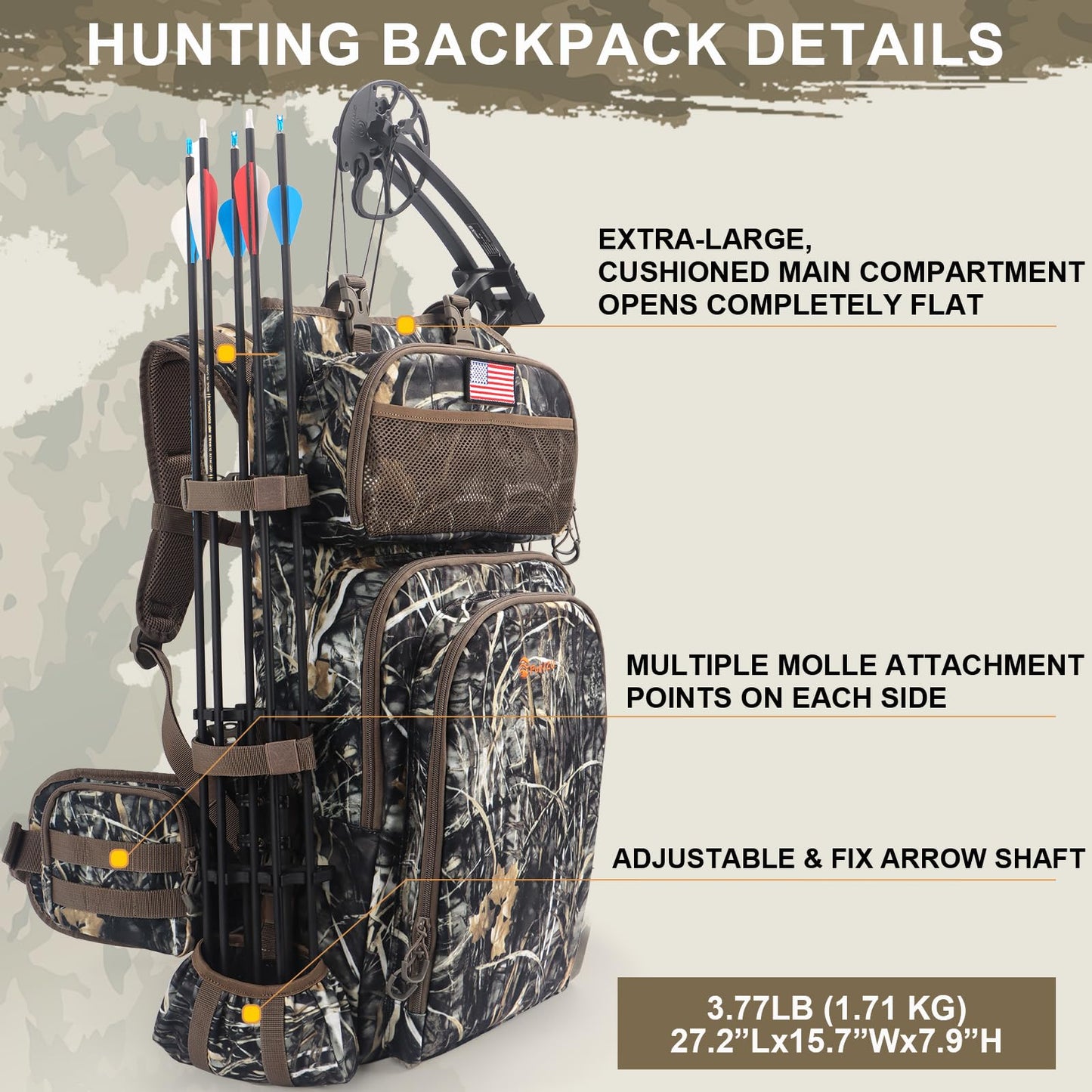 FunVZU Hunting Backpacks for Men, Saddle Hunting Bag with Bow Holder, Large Compound Bow Hunting Backpack & Duffle Bags, Deer Hunting Backpack with Rifle Holder (Marsh Reed)