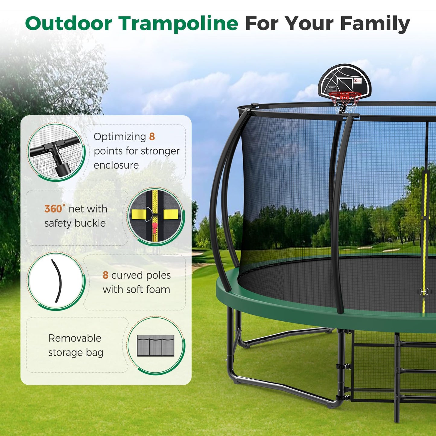Tatub 14FT Upgrade Pumpkin Trampoline for Kids and Adults, Outdoor Recreational Trampolines with Basketball Hoop & Enclosure Net, Curved Poles & Storage Bag, Green