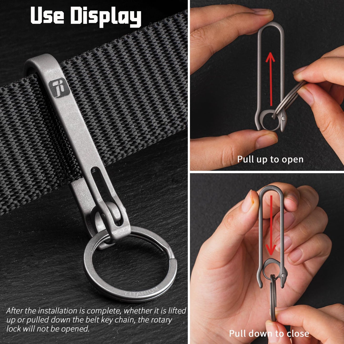 TISET Belt Key Holder,Titanium Belt Loop Keychain Clip,EDC Quick Release Belt Key Chain,Belt Key Clip with D ring,Car Fob Keychain for Men (grey-belt clip+Ti key ring+ sus d ring)