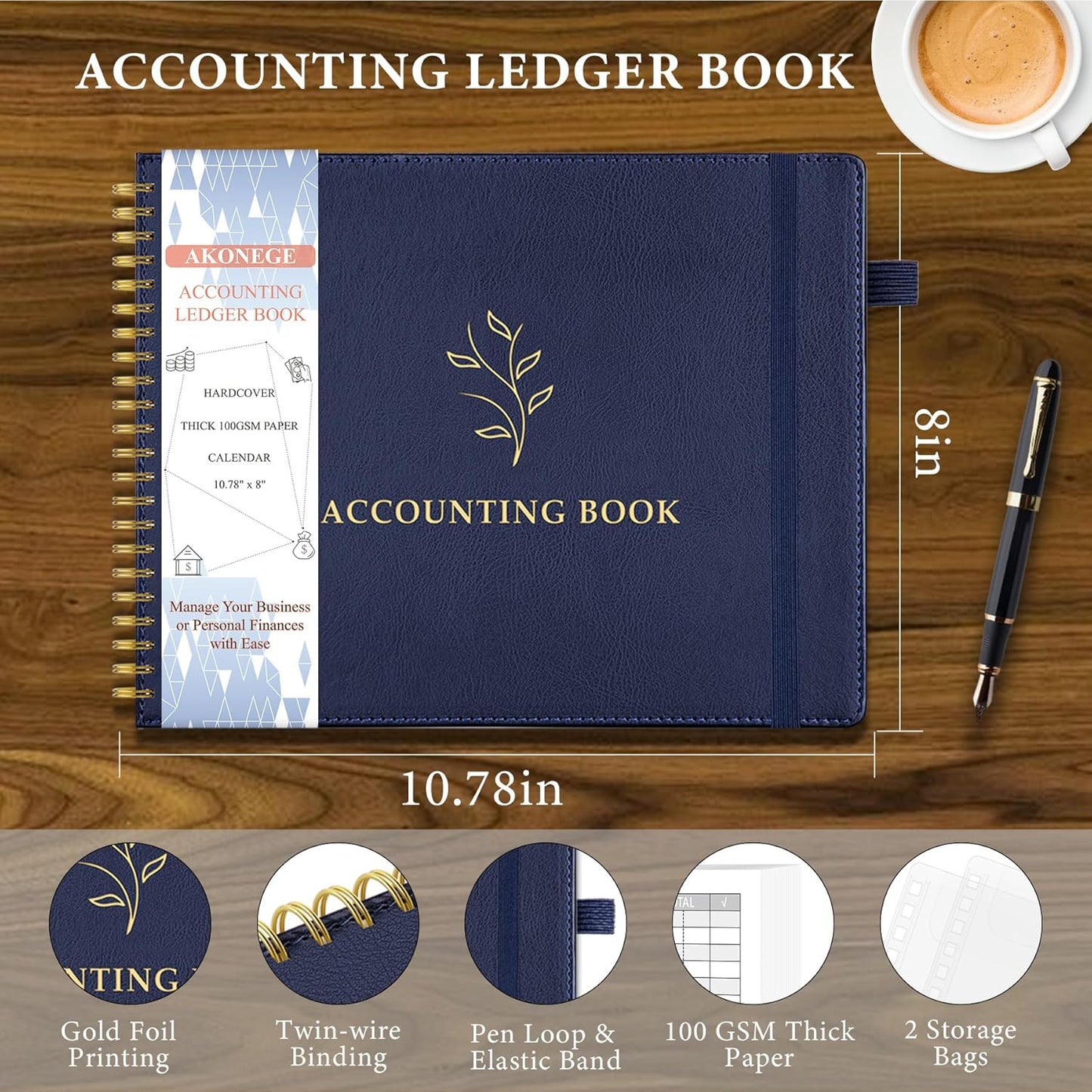 Accounting Ledger Book for Personal & Small Business Bookkeeping, Horizontal Income and Expense Tracker Notebook with Calendar, Hardcover Columnar Log Journal 10.78" x 8", Black