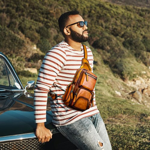 NIUCUNZH Genuine Leather Sling Bag Vintage Handmade Crossbody Bags Shoulder Backpack Hiking Daypack Travel Pack Brown