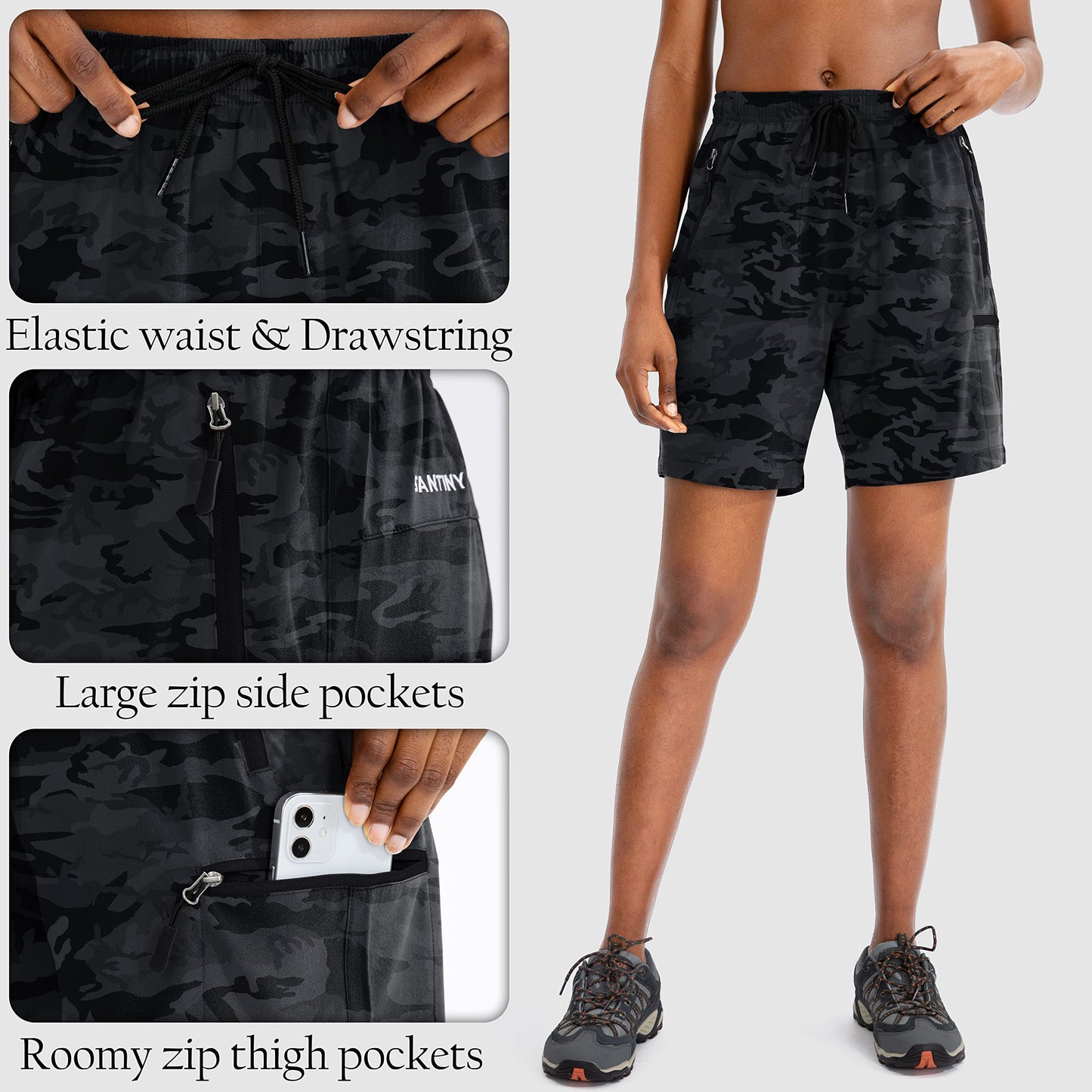 SANTINY Women's 5''/ 7'' Hiking Cargo Shorts Quick Dry Lightweight Summer Shorts for Women Athletic Golf Zipper Pockets(Grey Camo_XL)