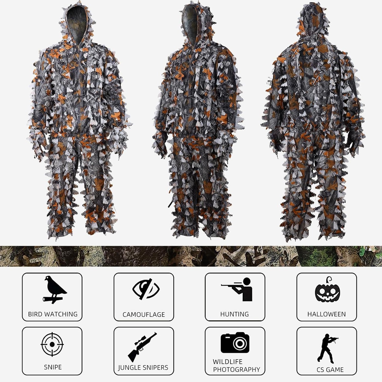 Zicac Outdoor Camo Ghillie Suit 3D Leafy Camouflage Clothing Jungle Woodland Hunting