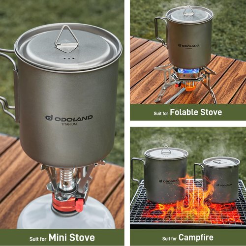Odoland Titanium Camping Cookware 750ML Titanium Pot with Lid and Spork Lightweight Camping Pot for Backpacking Hiking Traveling and Picnic