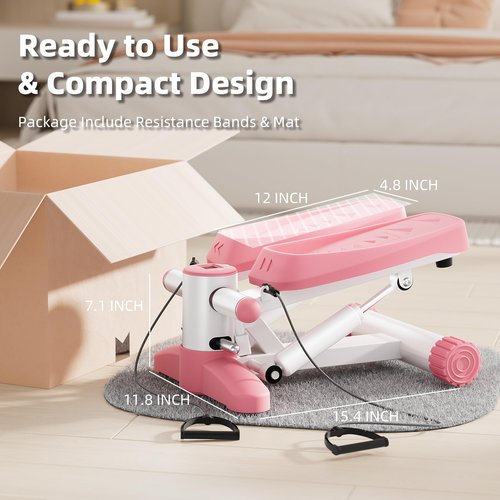 Pink Stair Stepper for Exercises, Portable Mini Steppers with Resistance Band, 330LB Weight Capacity, Non-Slip Mat, LCD Calories Display, Aerobic Fitness Stepper for Home Workout