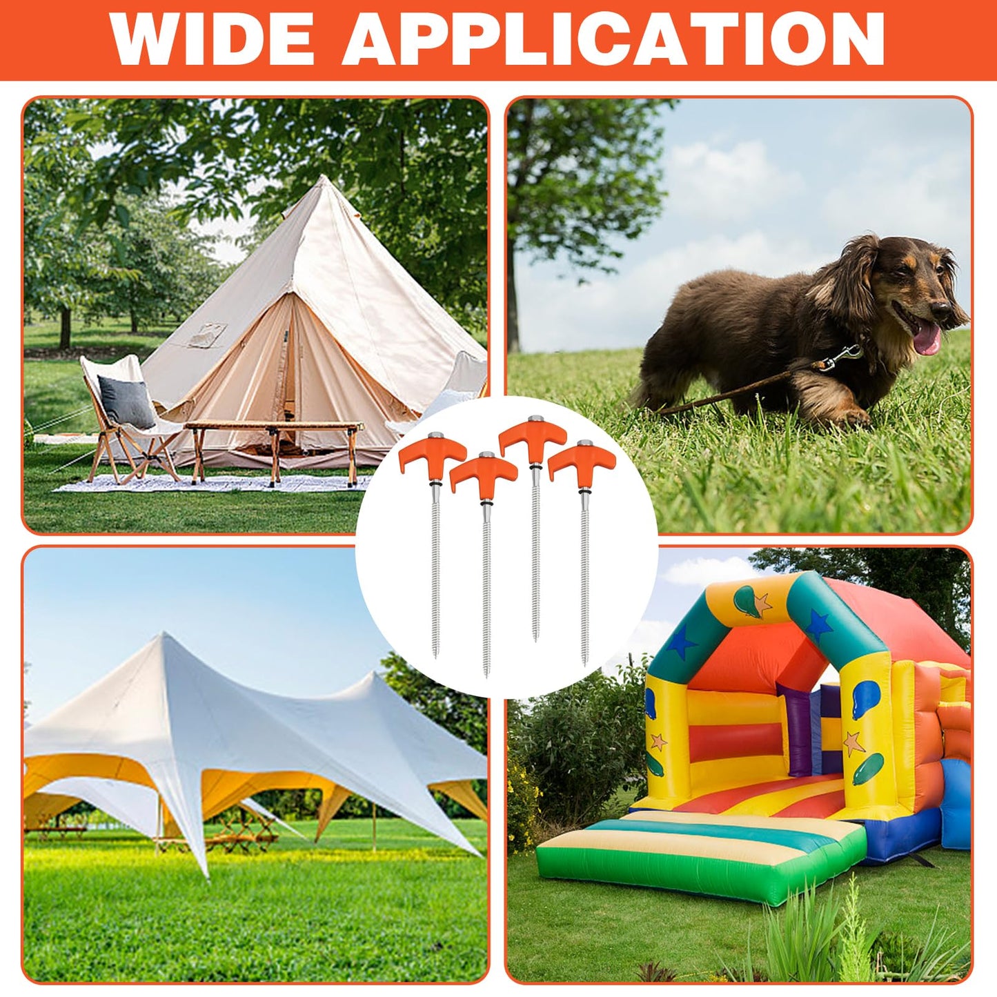 4Pcs Screw in Tent Stakes Heavy Duty, 8" Ground Stakes Ground Anchors Screw in, Metal Screw Tent Stakes Heavy Duty Tent Pegs, Ground Threaded Tent Spikes for Outdoor Camping (Orange)