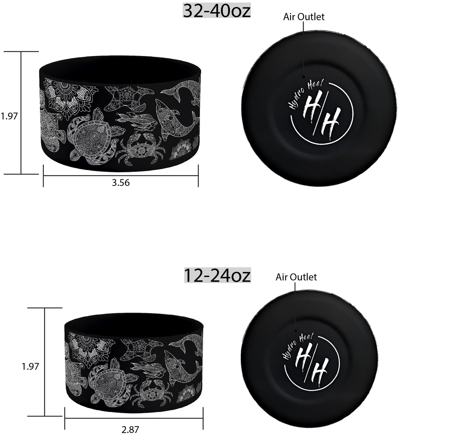 Hydro Heel Protective Silicone Bottom Sleeve, 12oz-40oz. Fits All Vacuum Insulated Stainless Steel Water Bottles, Anti-Slip, Anti-Scratch, Rubber Flex Skin Cover (12-24oz, Black Ocean Mandala)