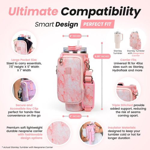Made Easy Kit Tumbler Cup Carrier w/Handle Opening for 40oz Bottles - Cell Phone Sized Pocket & Adjustable Padded Shoulder Strap - Metal Hardware, Key Hook (Pink Marble, Tall Large)