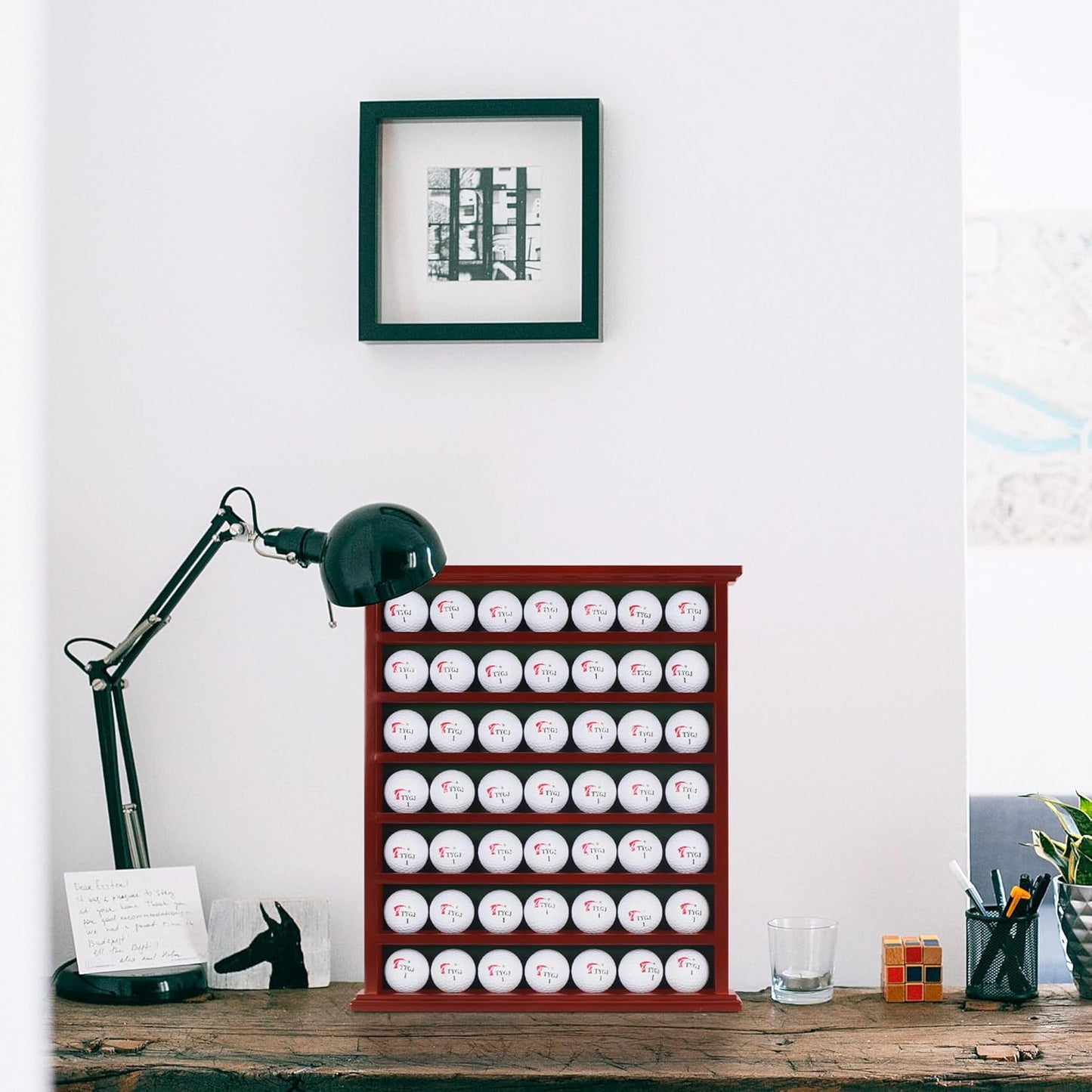 Golf Ball Display Case Cabinet Rack - 49-Ball Holder with Open Design, Black Finish