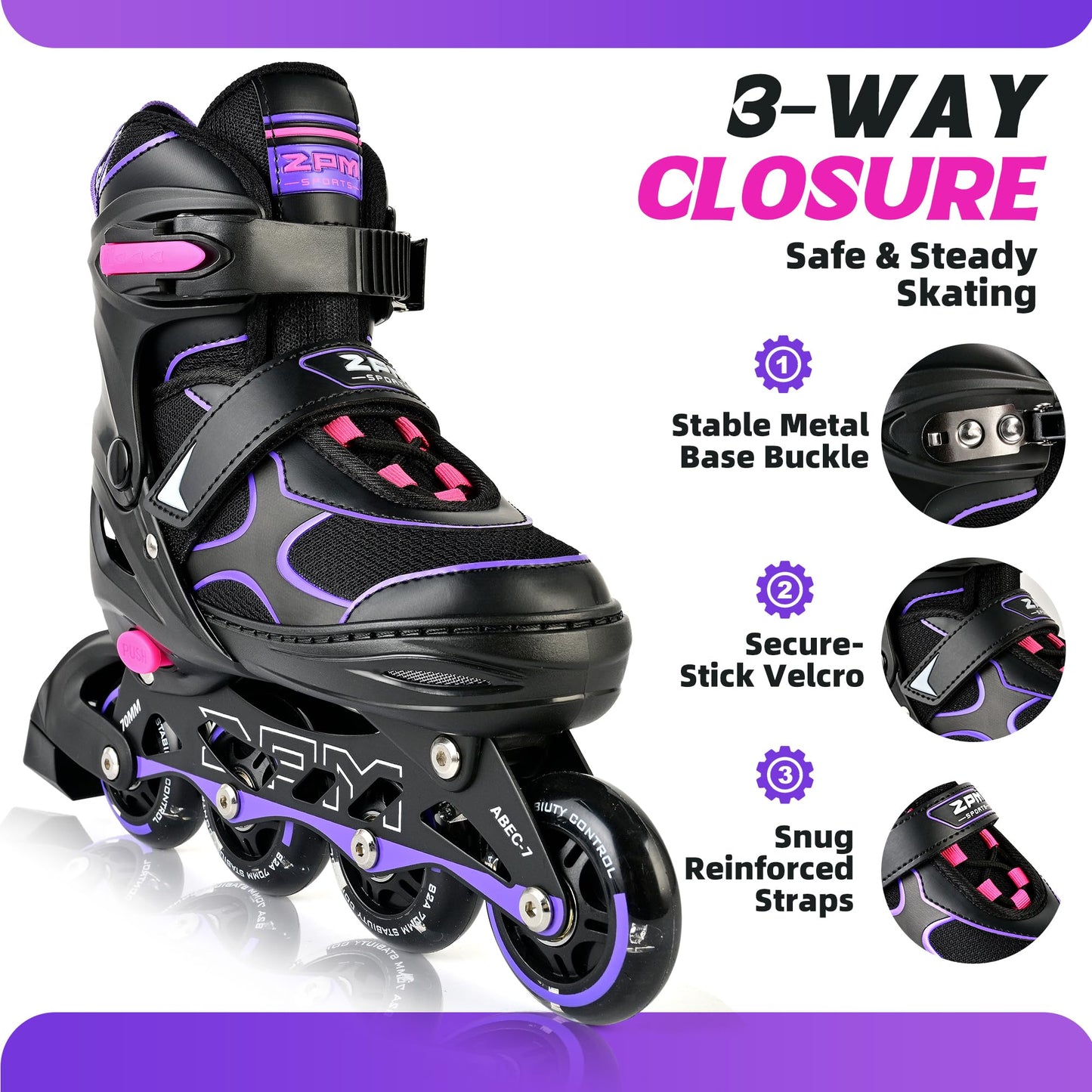 2PM SPORTS Inline Skates for Kids Girls Ages 4-8 8-12 3-5 4-6 6-12 10-12 with Light Up Wheels, Adjustable Kids Roller Skates Blades for Adults Women Beginners Youths Indoor Outdoor Purple, Medium