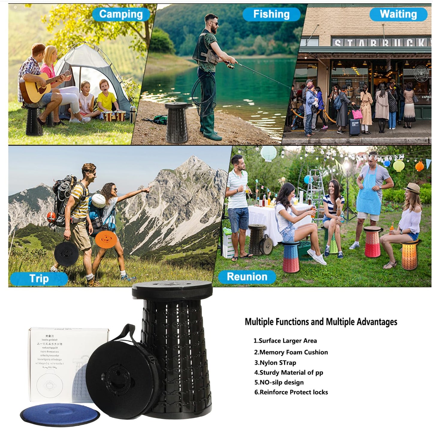 ALEVMOOM Upgraded 19.7" Collapsible Stool Portable,1000lbs Max Weight-Heavy Duty, Retractable Folding Stool with Cushion for Adults for Outdoor Fishing Hiking BBQ