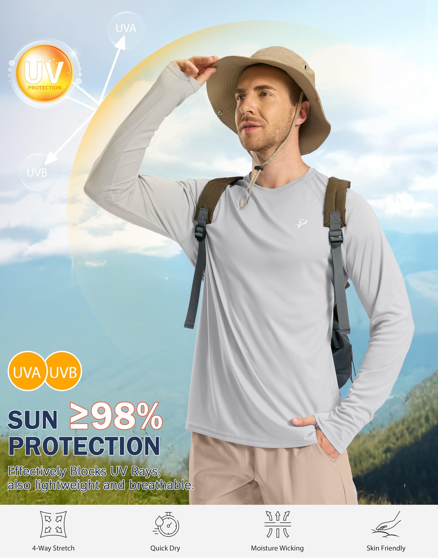 Pudolla Mens Long Sleeve Swim Shirts Rash Guard UV Sun Protection SPF T-Shirts UPF 50+ Quick Dry Fishing(Light Grey M)